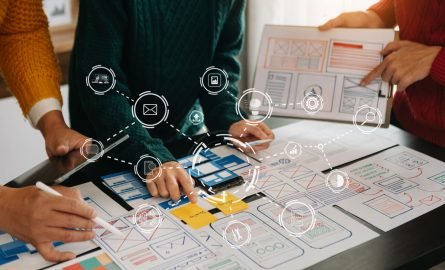 UX graphic designer planning application process development prototype wireframe for web smart phone. Creative digital development agency. in office